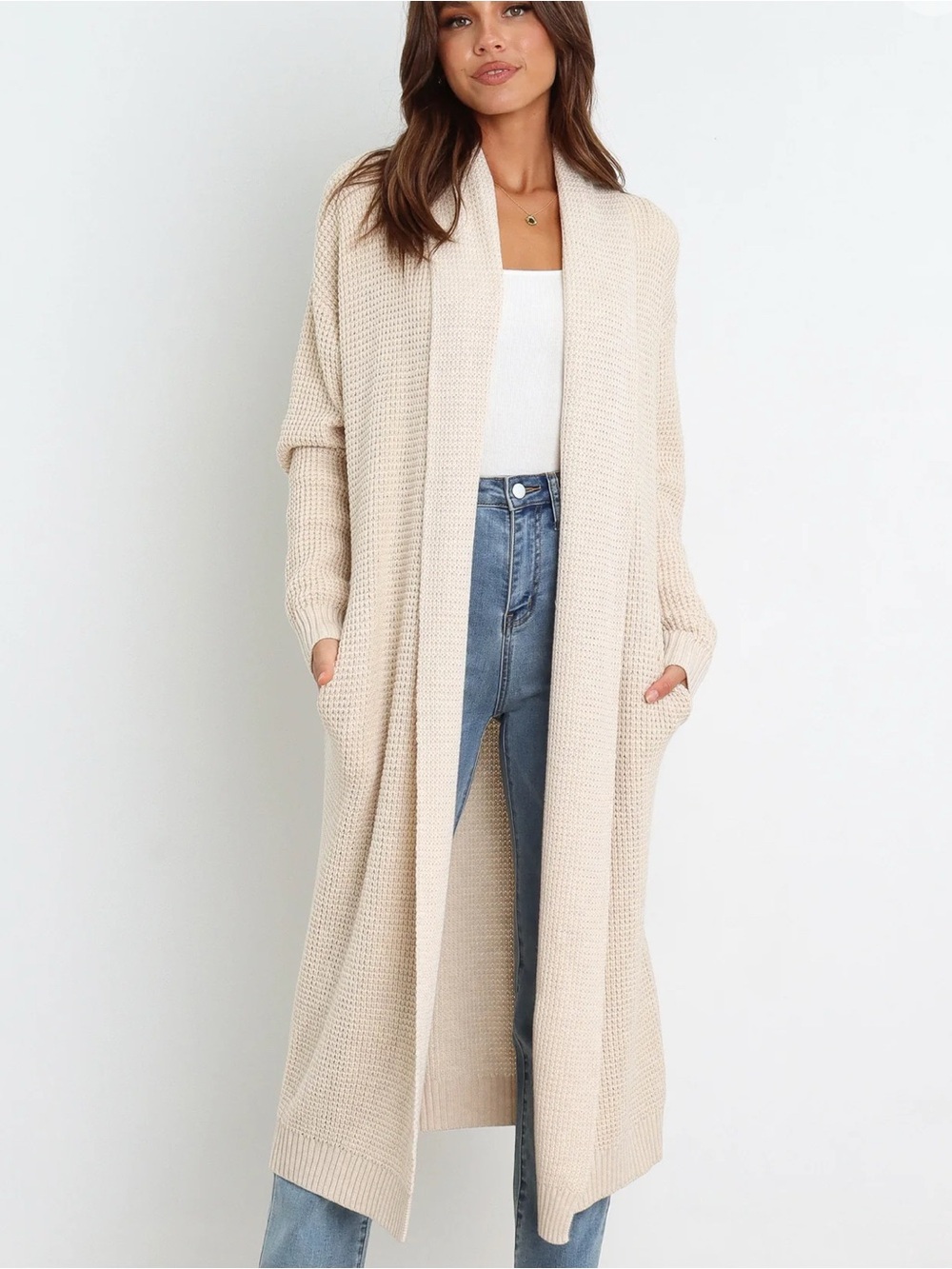 Waffle Knit Open Front Long Cardigan